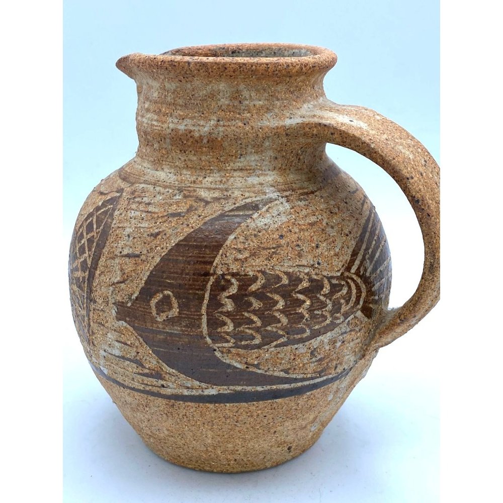 Hand Made Pottery 3 Fish Designed Pitcher Vase /Signed Makers Mark